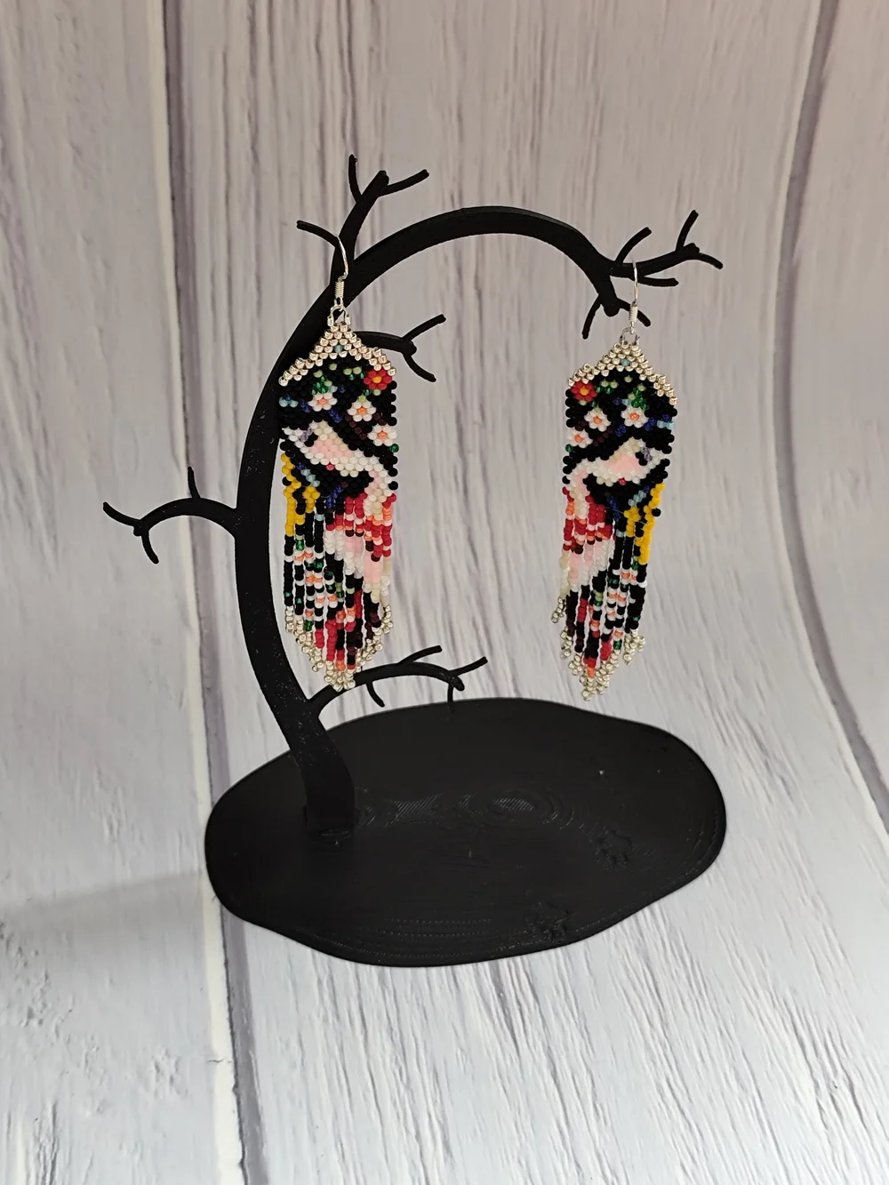 Handmade Multicolor Beaded Fringe Earrings — Bird Motif